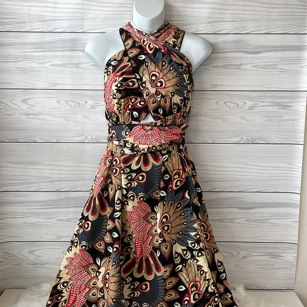 Feather Print Cross Strap Sleeveless High Waist Dress - Picture 1 of 14